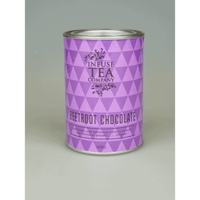 Purple tin containing 200 grams of beetroot chocolate from the infuse tea company