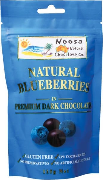 Blueberries in premium dark chocolate one hundred and fifteen gram pouch from the Noosa Chocolate company