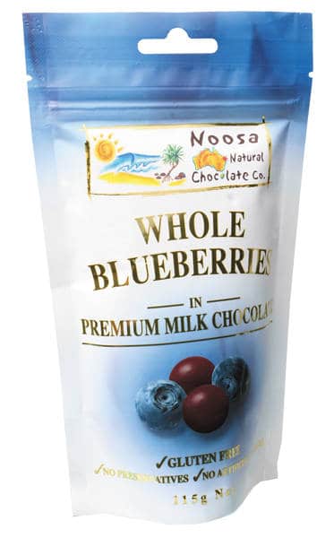 Noosa chocolate company packet of Blueberries in premium milk chocolate