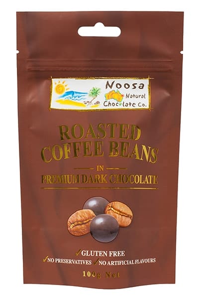 Packet of coffee beans coated in dark chocolate