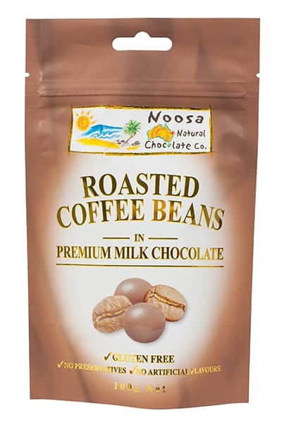 Packet of coffee beans coated in milk chocolate