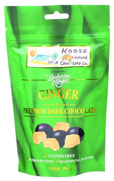 Packet of ginger pieces coated in dark chocolate