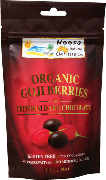 Packet of organic goji berries in dark chocolate