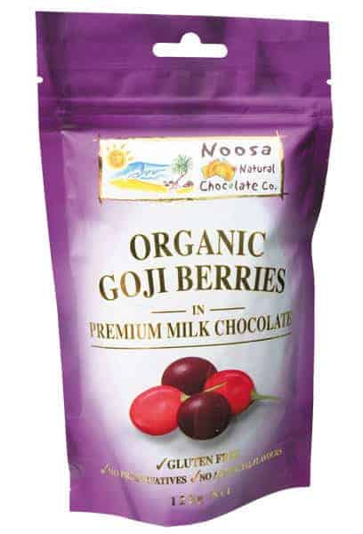 Packet of organic goji berries in milk chocolate