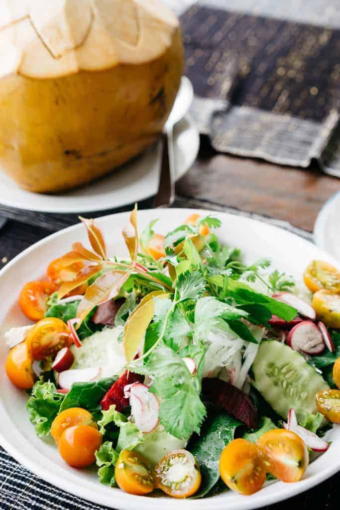 Fresh crisp salad with lettuce, radish and tomatoes on a white plate.