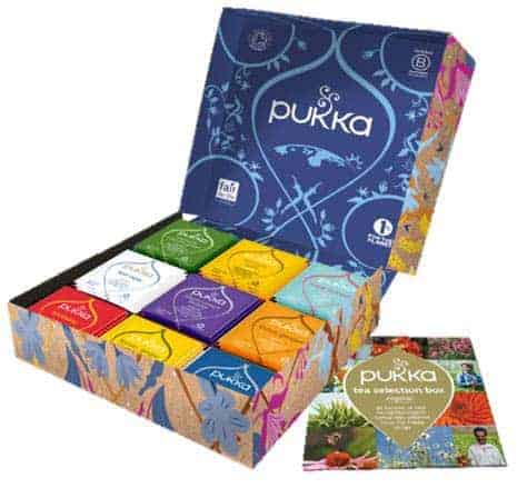 Colourful tea caddy containing a selection of Pukka teas