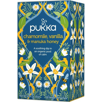 Pukka chamomile vanilla box adorned with flower graphics