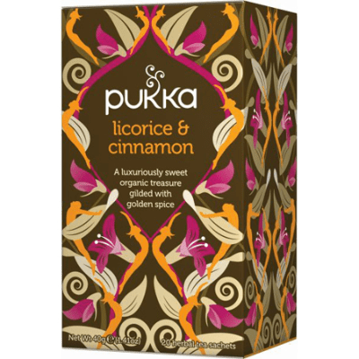 Pukka licorice cinnamon dark brown box