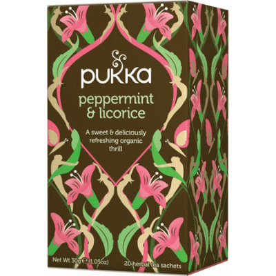 Pukka peppermint licorice dark brown and pink box