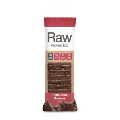 Raw protein bar triple choc brownie, maroon wrapper.