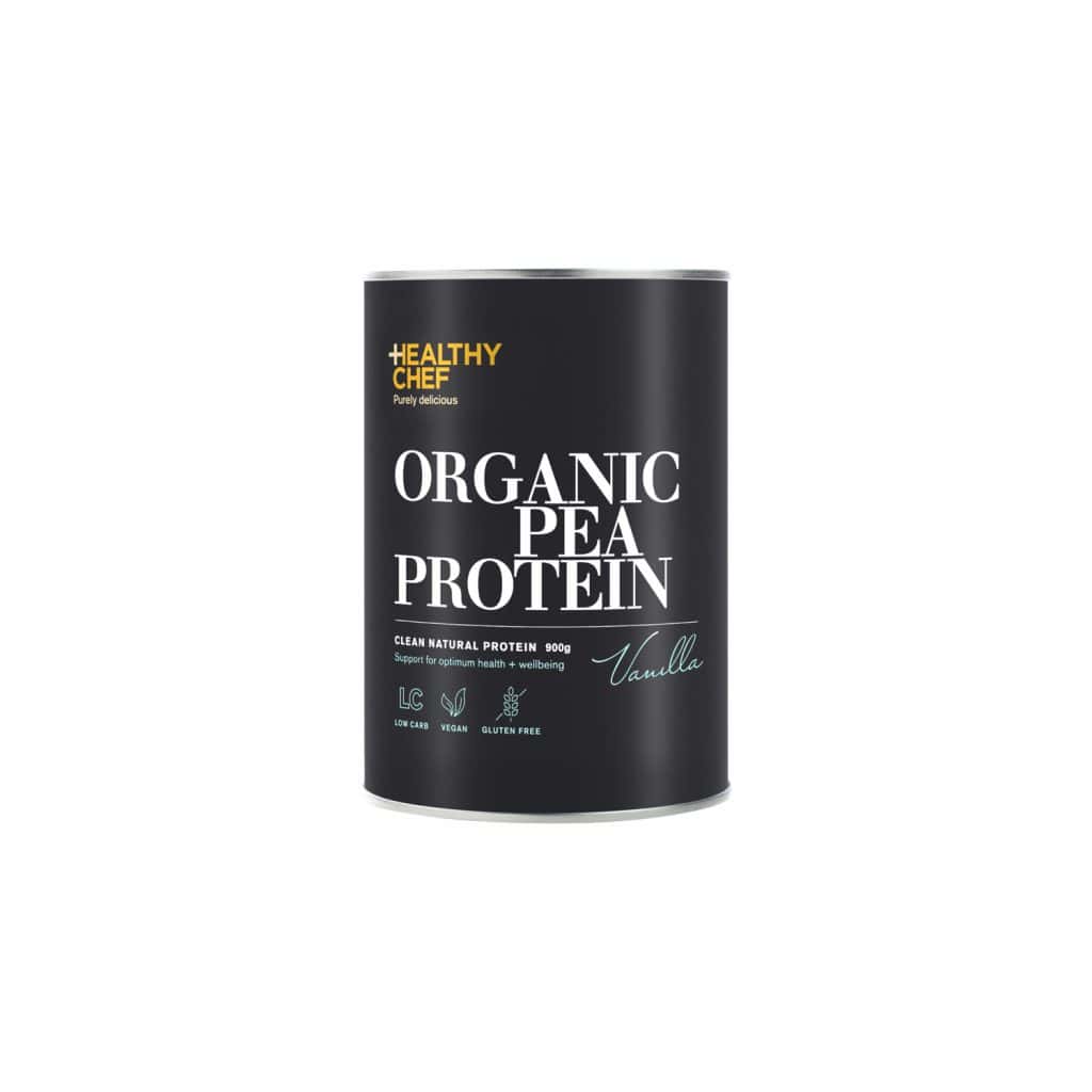 Organic pea protein vanilla black tin with white writing